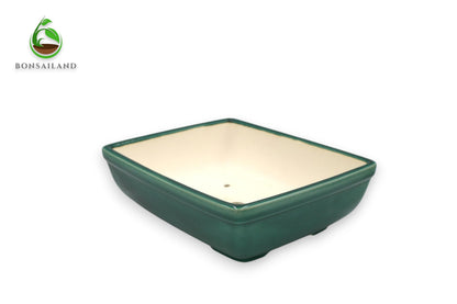 Bonsai Pot, Ceramic, Handmade, Rectangular with Round Corners, Green, 8.75 x 7 x 2.75 inches
