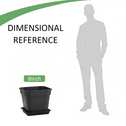 8 Inch Square Plastic Planter Pot- 6 Pack Heavy Duty Planters with Trays, 24 Strip Drainage Holes for Root Aeration & Prevention of Root Rot, Raised Bottom Airflow Center, BPA-Free Black Flower Pots