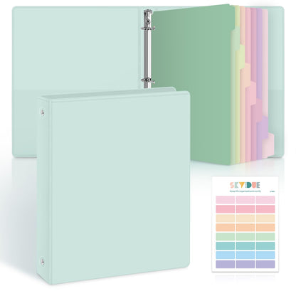 SKYDUE 1 Inch 3 Ring Binder with 8 Tab Dividers & 24 Labels, Pastel Binder Organizer for Letter Size Paper, Aesthetic School Binder for Notes, Documents, Office & Home Organization, Green