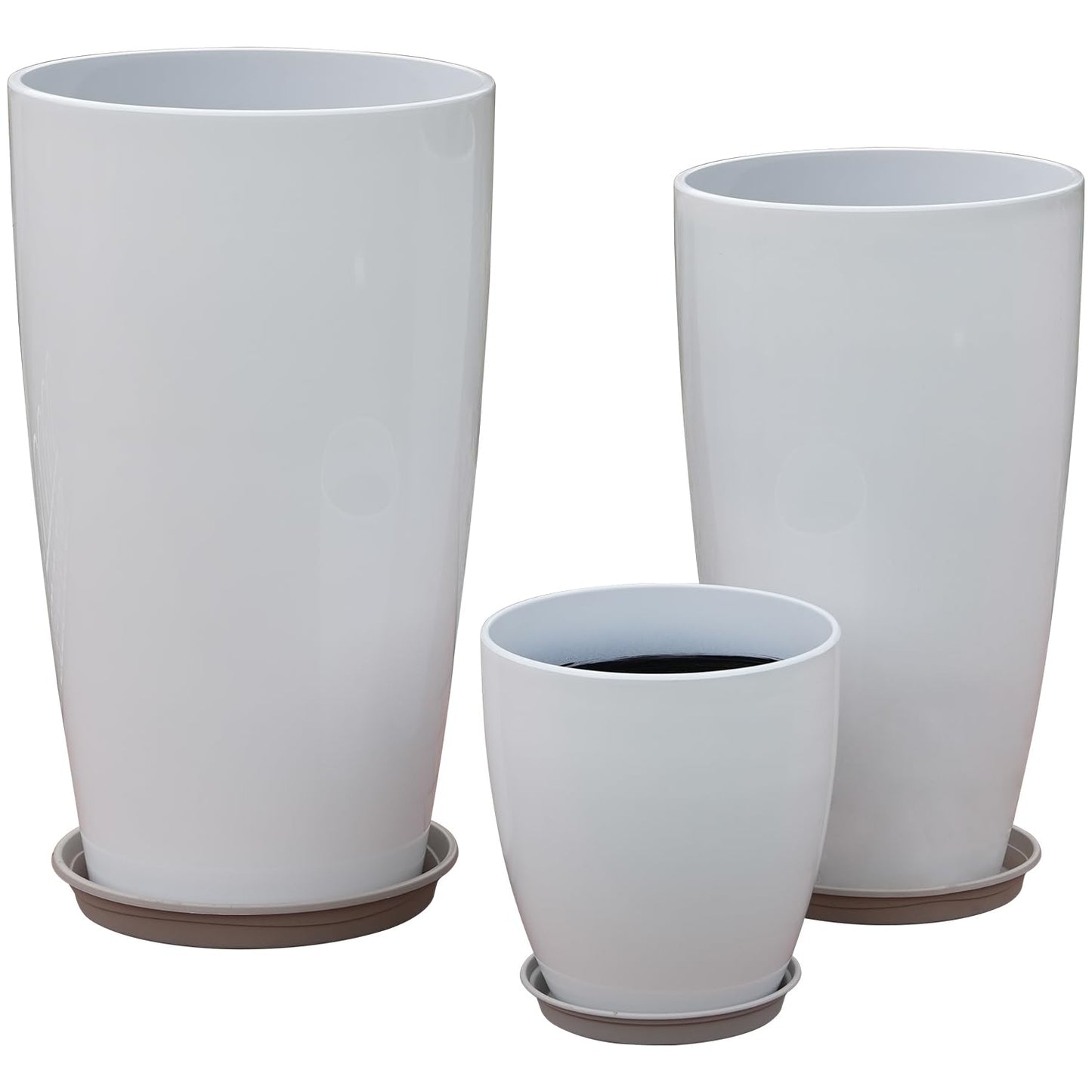MinCHI257 24,21,11 Inch Large Plastic Planters with Drainage Hole and Saucer - Set of 3 Tall Plant Pots Indoor Flower Pot Tall Round Planters Outdoor Large Tall Planter