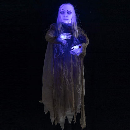 HollyHOME Animated Hanging Ghost with Glowing Head and Creepy Sounds Female Ghost Halloween Decorations Outdoor Haunted House Prop Decor 48 Inch