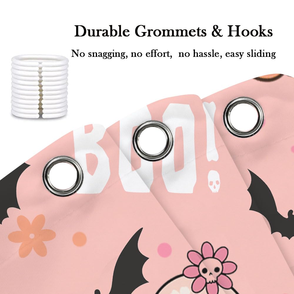 Xiaoput Pink Halloween Shower Curtain, Cute Ghost Pumpkin Black Bat Boo Shower Curtains for Bathroom Decor, Funny Cartoon Spooky Halloween Fabric Bath Curtain Set with Hooks, 70X72IN