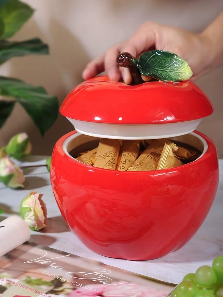 PEHOST Ceramic Apple Shaped Food Storage Container with Lid, Red
