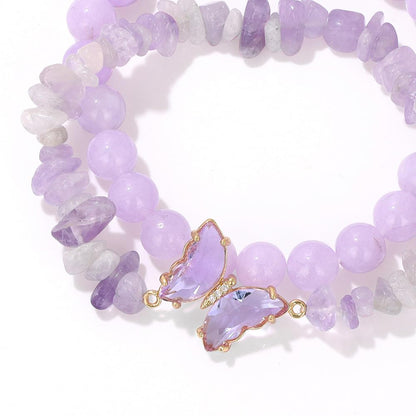 GolbalJew Purple Jade Stone Bracelet for Women Healing Crystal Stone Butterfly Charms Bracelets Gemstone Beads Stretch Bracelet Jewelry Women Gift