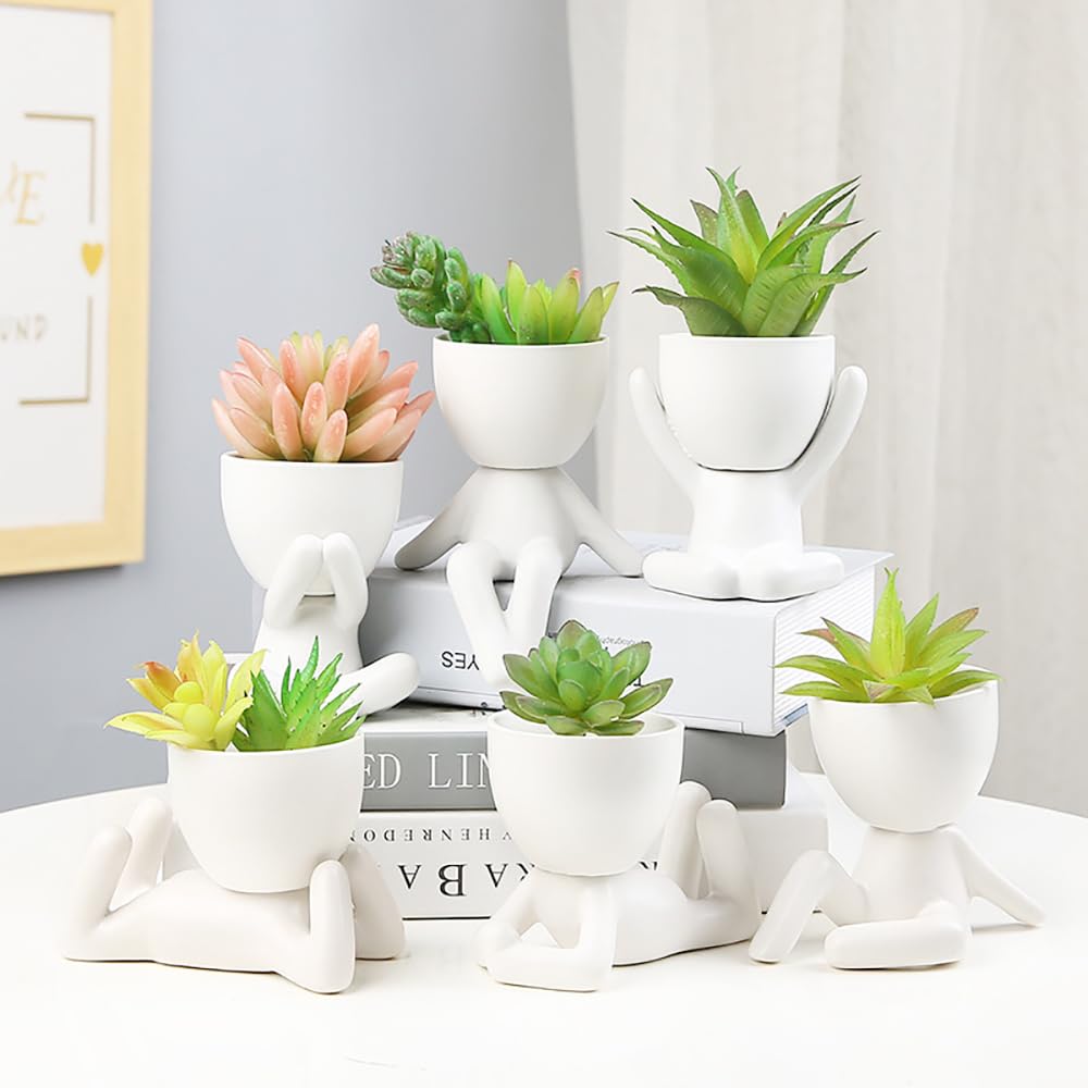 DIYOMR Cute Humanoid Ceramic Planter Pot, 3.6” Tall White Doll Small Succulent Bonsai Pots Cactus Container Creat Design for Home Office Desktop Decor, Not Include Plants(White C)