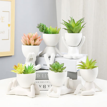 DIYOMR Cute Humanoid Ceramic Planter Pot, 3.6” Tall White Doll Small Succulent Bonsai Pots Cactus Container Creat Design for Home Office Desktop Decor, Not Include Plants(White C)