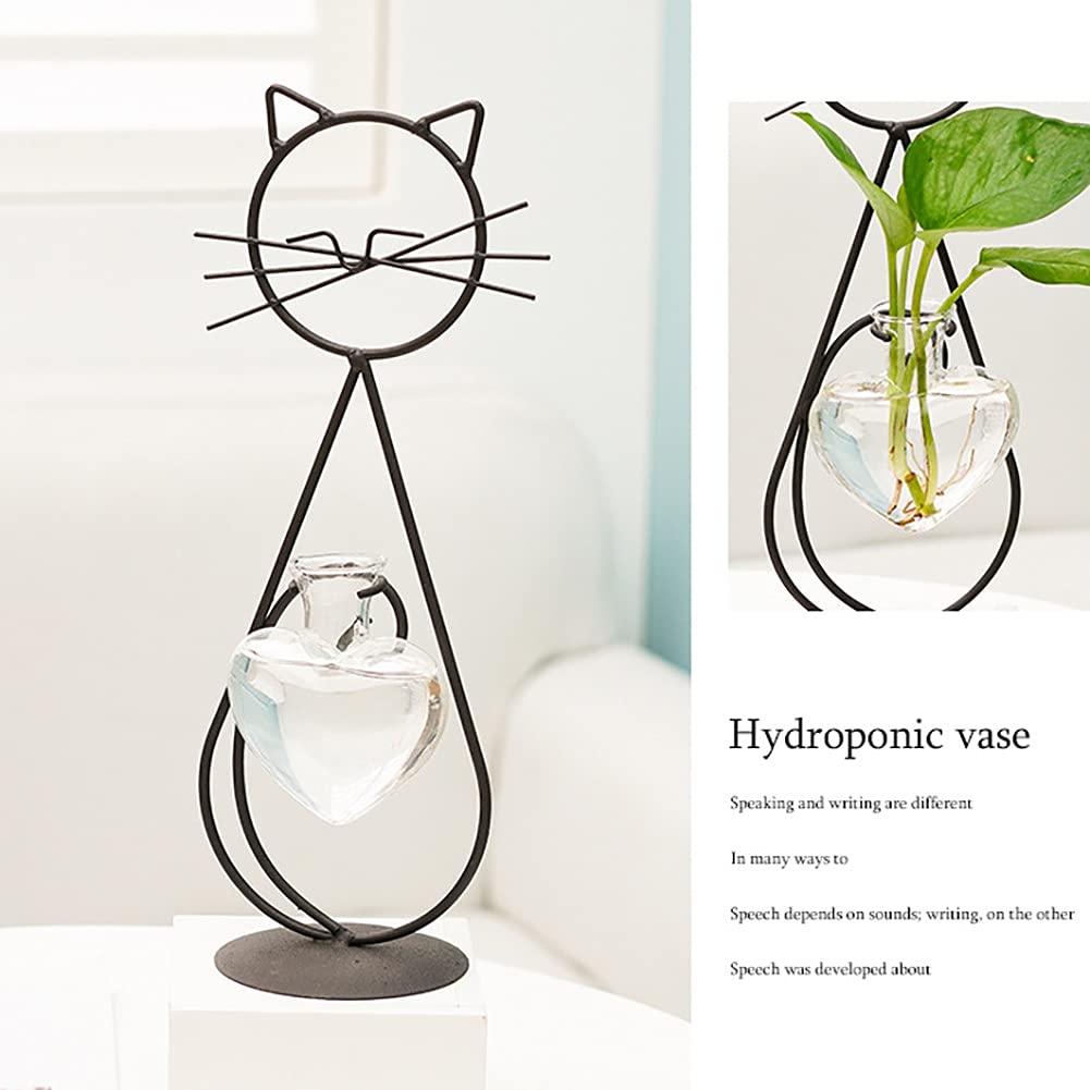 Likense Glass Planter Vase Holder, Lovely Cat Shape Hydroponics Vase with Metal Holder for Hydroponics Plants Black B