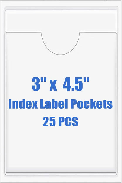 Origin-Joy 25 PCS Self-Adhesive Index Label Pockets, Clear Plastic Peel & Stick Card Holders with Top Open for Loading (3 x 4.5 inch)