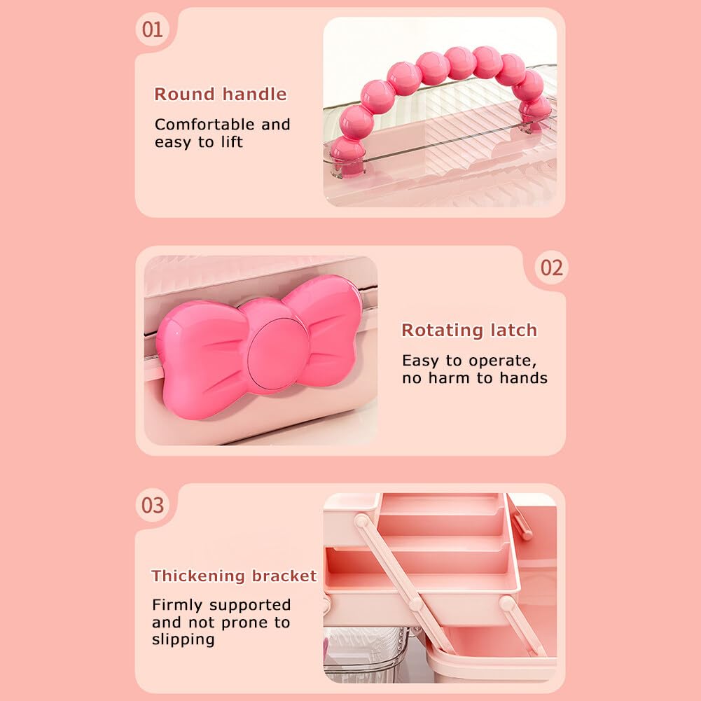 GKWW Cute Girls Hair Accessories Storage Box Bow Switch Organizer Box Jewelry Box, Plastic Hair Ties Holder Hair Clips Container Storage Box for Home, School, Office(Pink)