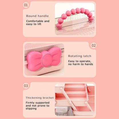 GKWW Cute Girls Hair Accessories Storage Box Bow Switch Organizer Box Jewelry Box, Plastic Hair Ties Holder Hair Clips Container Storage Box for Home, School, Office(Pink)
