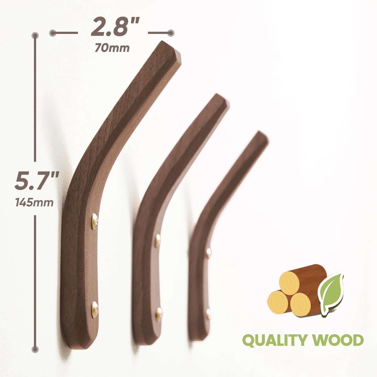 COCOYA 2Pack Wood Hooks Wall Mounted, Minimalist Easy Install Natural Real Walnut Cute Mid Century Modern Simple Rustic Boho Home Foyer Entryway Decor, for Hanging Hat Cap Bag Coat Towel Clothes