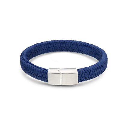 My Daily Styles Mens Blue Genuine Leather Bracelet with Stainless Steel 8" Silver