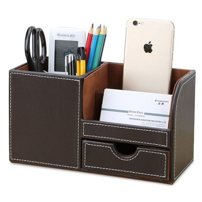 KINGFOM Desk Organizer Office Supplies Caddy Pu Leather Multi-function Storage Box Pen/Pencil,Cell phone, Business Name Cards Remote Control Holder with Small Drawer Brown