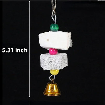 2Pcs Bird Beak Calcium Stone Lava Block Chew Toy Grinding Teeth Natural Minerals with Bell for Parakeet Conure Lovebird Cockatiel Finch Canary Hamster Chinchilla Rabbit (Small)