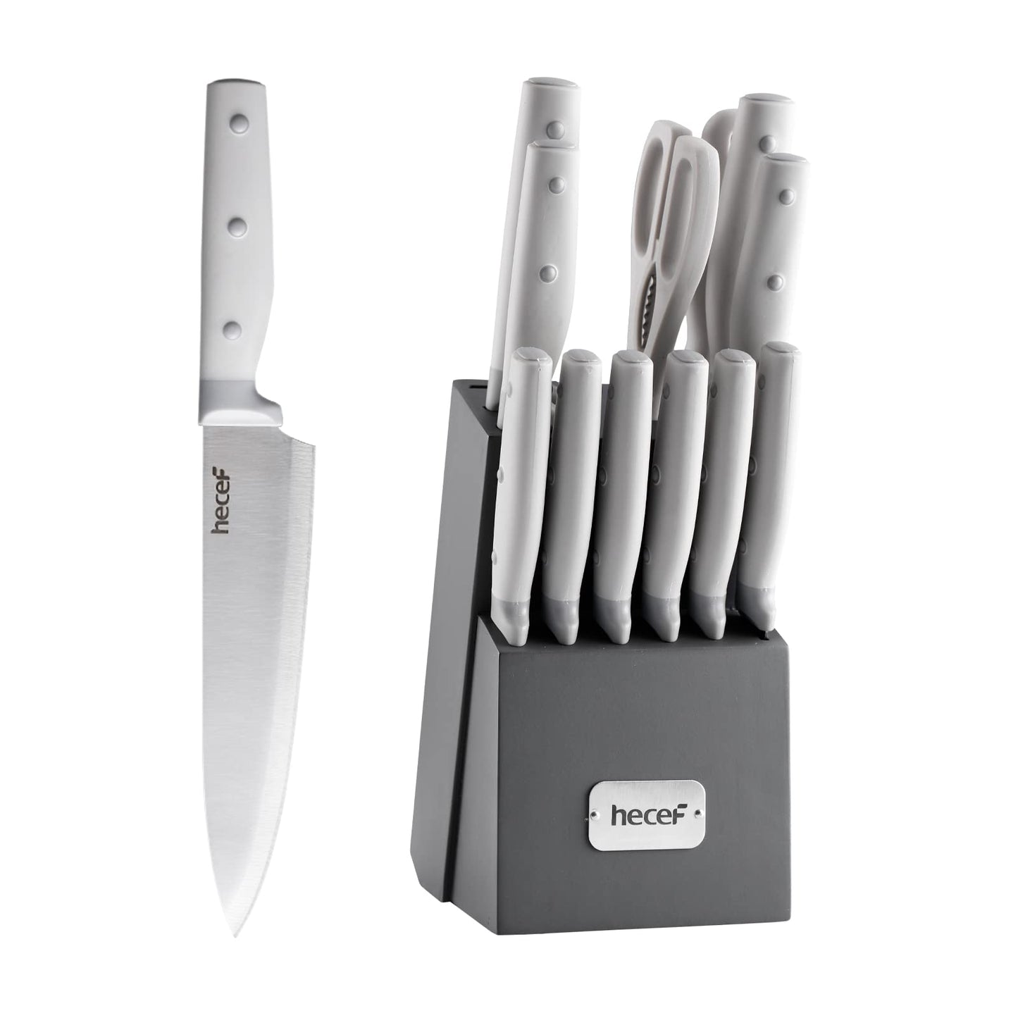 hecef Kitchen Knife Block Set, 14 Pieces Knife Set with Wooden Block & Sharpener Steel & All-purpose Scissors, High Carbon Stainless Steel Cutlery Set (Yellow)