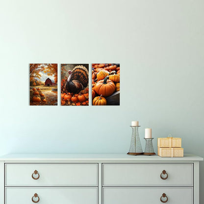 CCWORKERRY Fall Picture Wall Art Set of 3 Barn and Pumpkin Canvas Prints Autumn Painting Rural Harvest Poster Farmhouse Kitchen Decor Framed(Orange,12" x 16"x3P)