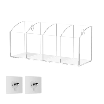 Hexsonhoma Acrylic Pen Holder Organizer 4 Compartments, Clear Makeup Brush Holder, No Drill Wall Mounting Pencil Holder for Office Accessories