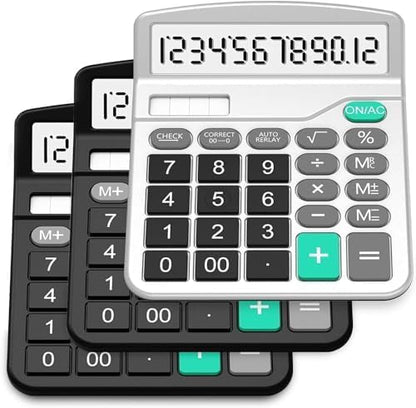 Calculator, 3 Pack Standard Functional Desktop Calculator Solar and AA Battery Dual Power Electronic Calculator with 12-Digit Large Display (2 Basic Black&1 Updated Silver)