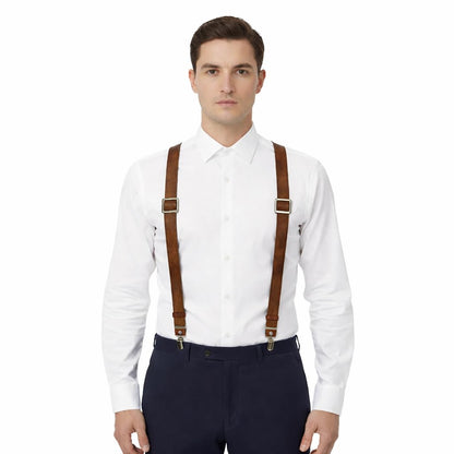 Voolup Leather Suspenders for Men – Y-Back Adjustable Heavy Duty Suspenders with 4 Strong Metal Clips | Genuine Full-Grain Leather | Perfect Groomsmen Gift for Wedding | Rustic Brown