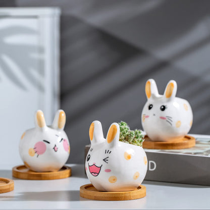 3.6 inch Mini Pots for Small Succulant Plant Ceramic Animal Succulent Planter with Drainage and Bamboo Tray for Easter Bunny Rabbit Gift Lovers (Cute Bunnies)
