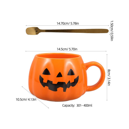Healifty Halloween Pumpkin Mug with Spoon 12 Oz Ceramic Coffee Cup Pumpkin Shape for Home Office Tea Juice Milk Water