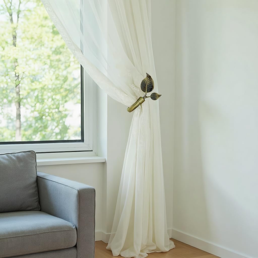 Rbeusau Leaf Shaped Heavy Duty Curtain Holdbacks 2pcs, Traditional Style Antique Brass Handmade Metal Curtain Tiebacks for Wall, Curtain Tie Hook Pull Backs for Drapes Window Home Decoration