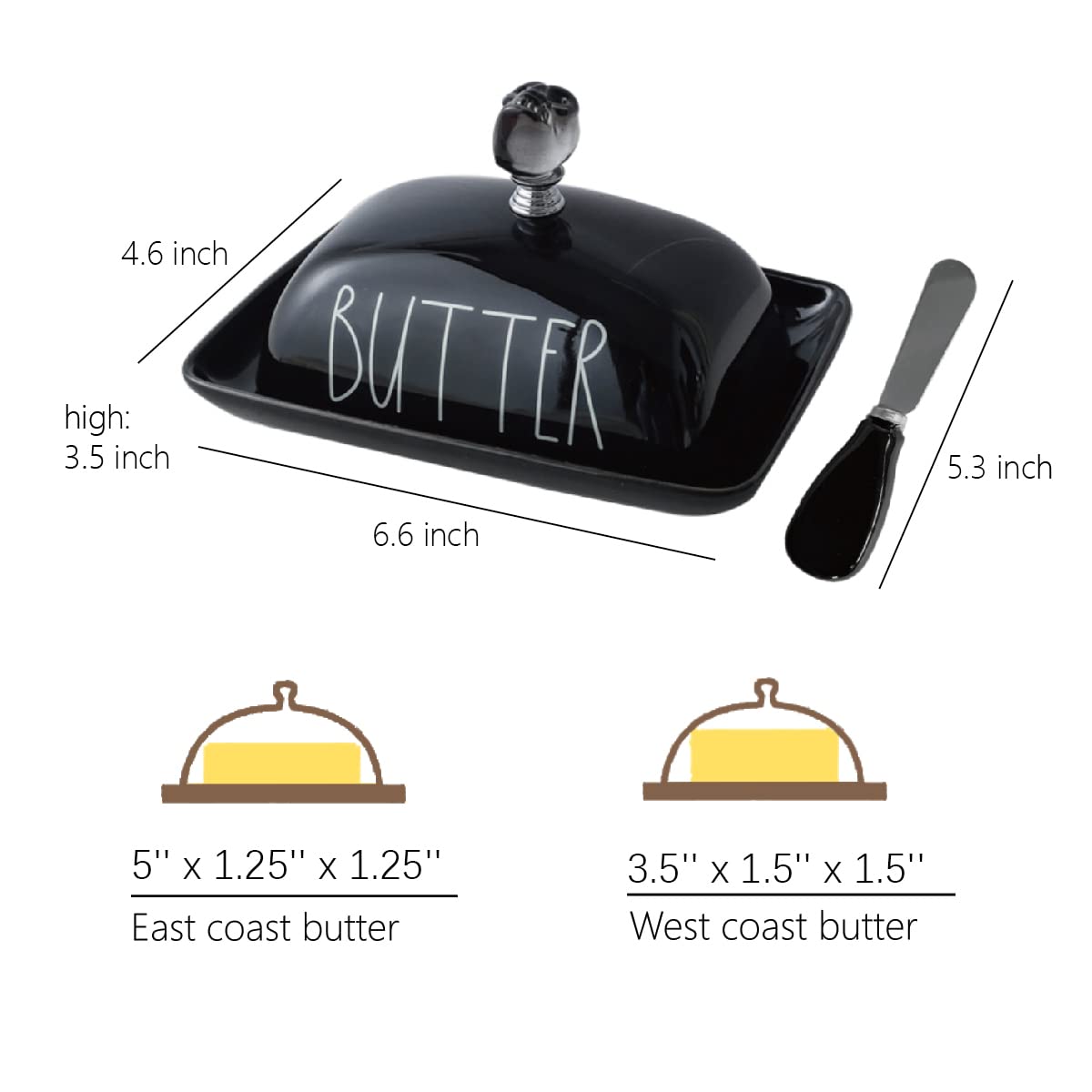 Oskas Halloween Themed Black Porcelain Butter Dish with Lid and Skull Knob, Butter Keeper with Cover for East West Coast Butter