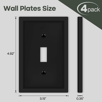 Matte Black Decorative Light Switch Cover Plate, Classic Single Toggle Switch Plate Covers, Natural Bamboo Fiber 1 Gang Wall Plates for Bathroom Kitchen- 4 Pack