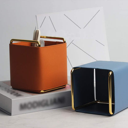 Kelendle Leather Pencil Holder Desktop Organizer Iron Art Desktop Makeup Brush Remote Control Storage Box Office Pen Holder for Desk Brown