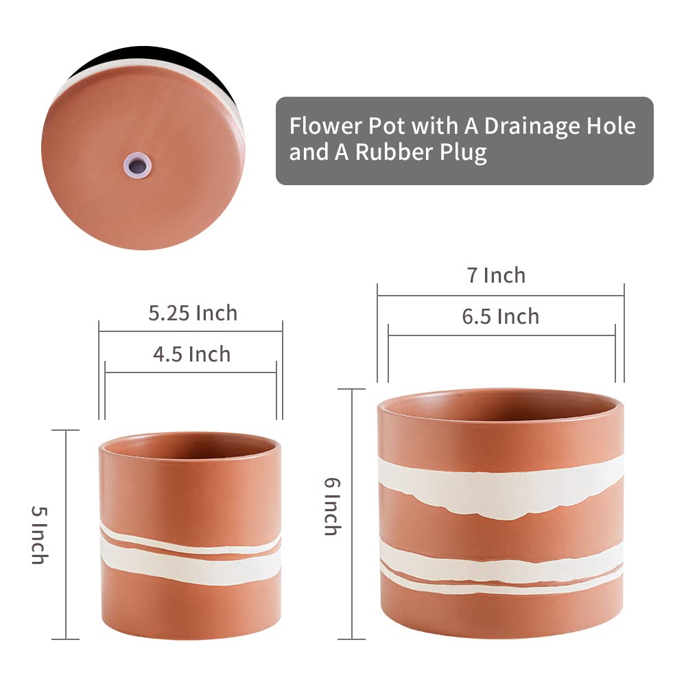 Nihow Modern Ceramic Plant Pot - 5 + 7 Inch Flower Pot for All Indoor Plants - Sturdy Planter Pots with Drainage Hole & Rubber Plugs - Semi-Matte Terracotta & Nature - Plants Not Included
