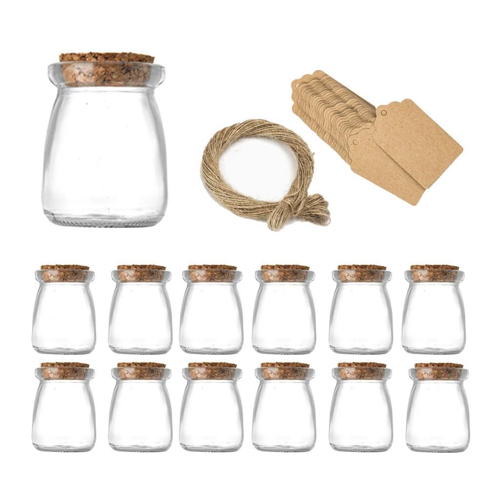 12 Pack 100ML (3.4 oz) Small Clear Glass Bottles with Cork Stoppers, Rope and Blank Cards - Perfect for Wedding Party Favors, Halloween Fall Decor, DIY Crafts, Potions, Spices & Candy Jars