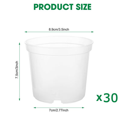 Rsipelsk 30 Pcs 3.5 Inch Clear Nursery Pots for Plants, Transparent Plastic Plant Pots with Drain Holes, Seed Starter Pots with 20 Plant Labels for Flowers Vegetable Seedlings