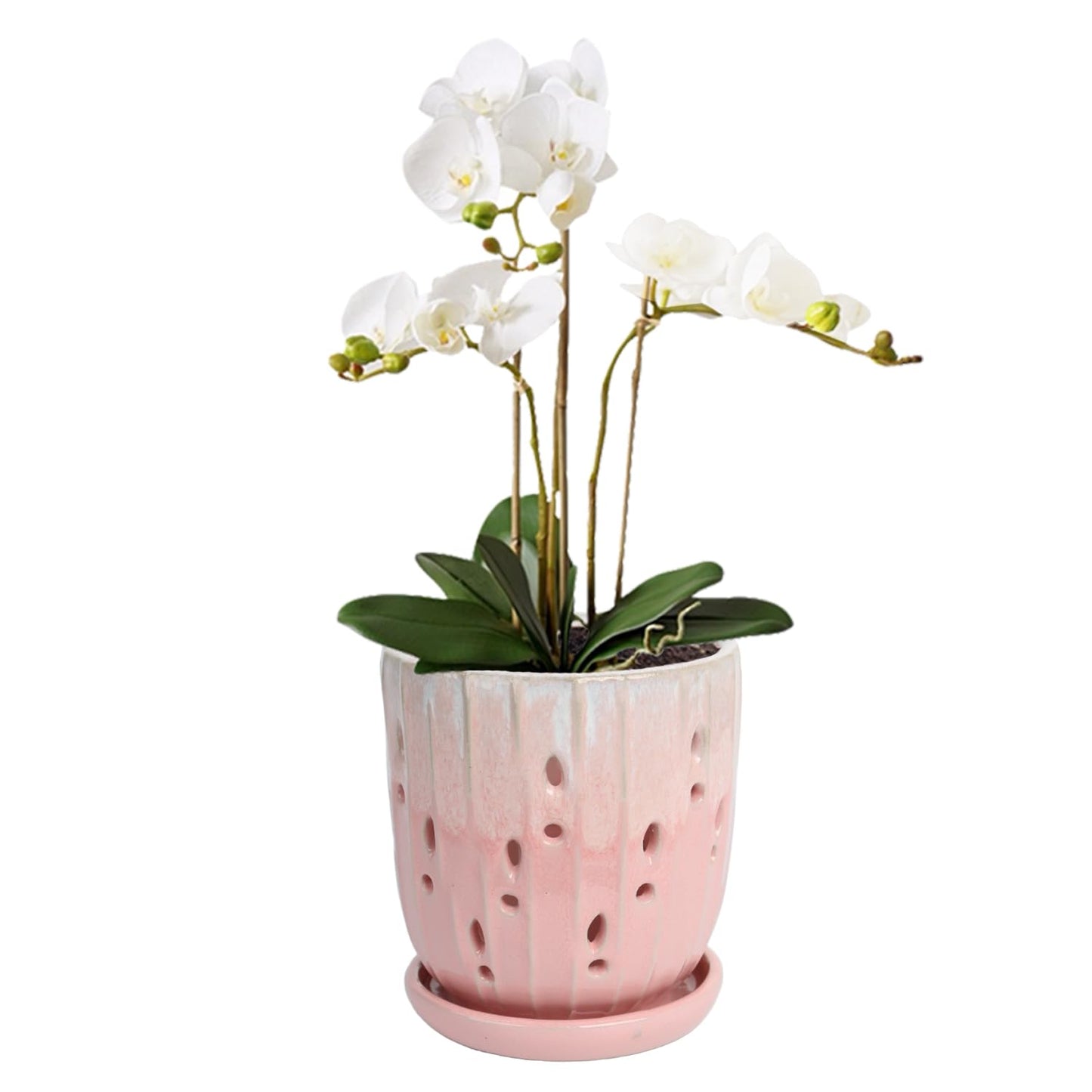 vensovo 6 Inch Ceramic Orchid Pot - Orchid Pot with Holes for Repotting, Ceramic Planter with Saucer for Indoor/Outdoor Plants, Pink