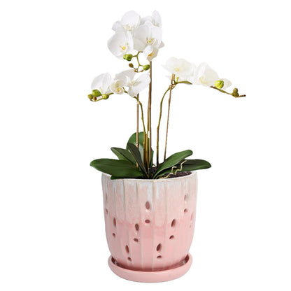 vensovo 6 Inch Ceramic Orchid Pot - Orchid Pot with Holes for Repotting, Ceramic Planter with Saucer for Indoor/Outdoor Plants, Pink
