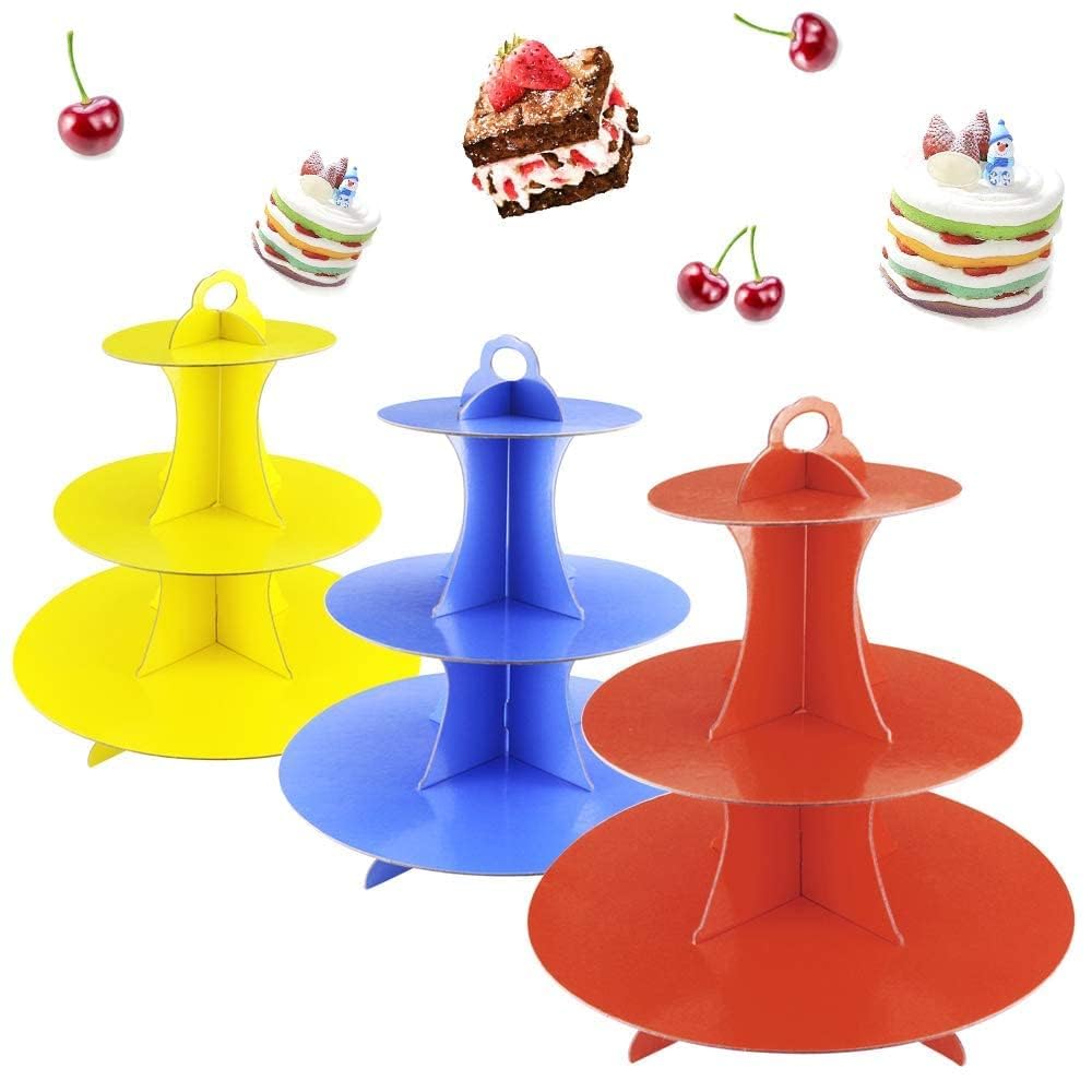 Faxco 3 Pack Cupcake Stand, 3-Tier Colorful Round Cardboard Cup Cake Tower Dessert Holder Stand, Reusable Pastry Serving Platter Food Display, Birthday Wedding Special Event Decoration