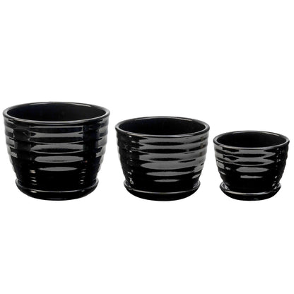 MyGift Black Ceramic Pots for Plants, 6.7+5.6+4.5 inch Flower Pots, Plant Pots Indoor with Drainage Holes and Tray, Garden Planters for Succulent and Flowers, Set of 3
