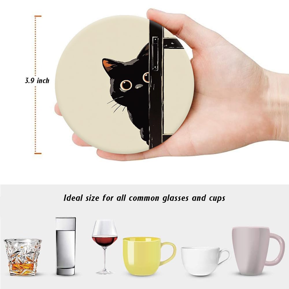 Aowced Drink Absorbent Coasters with Holder Set of 6, Ceramic Stone with Cork Base, Cute Black Cat Design Coaster for Drinks, Gift for Housewarming Room Bar Home Decor Kitchen