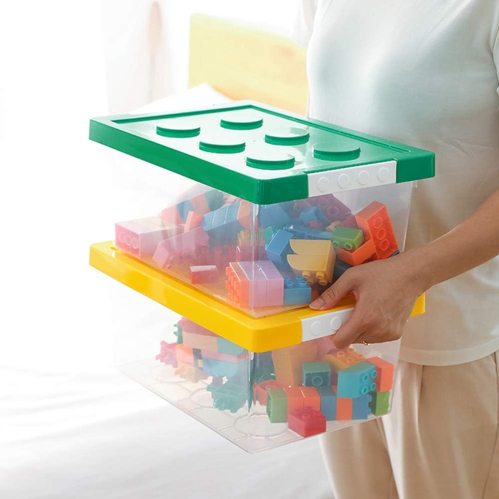 loobuu Plastic Storage Bins with Lids - Stackable Toy Storage Organizer Box Set of 2, Toy Chests with Compatible Building Baseplate and Lid, Storage Container for Building Bricks - Yellow+Green