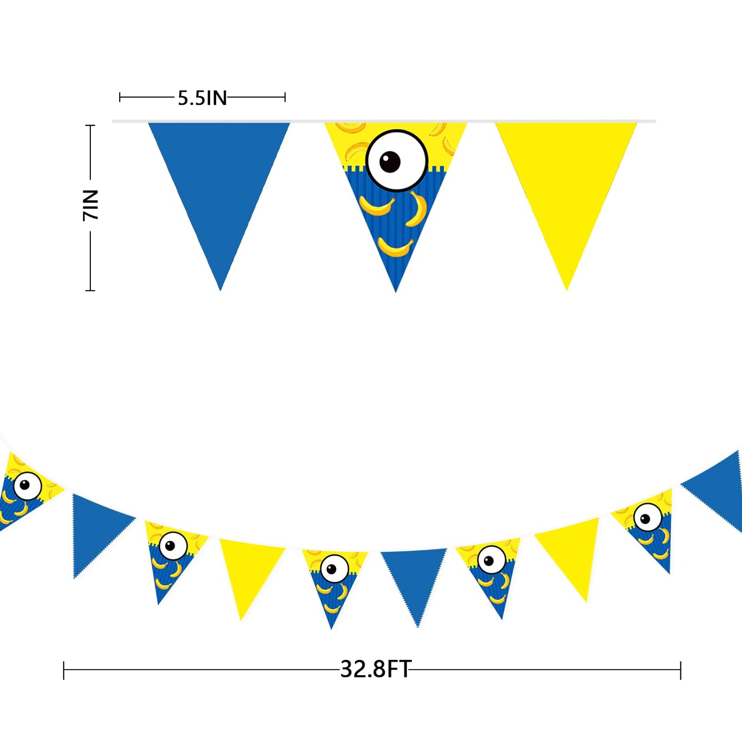 32Ft Yellow Blue Cartoon Party Decorations Blue Yellow Big Eyes Banana Triangle Flag Fabric Banner Pennant Garland Streamers for Cartoon Birthday Baby Shower Big Eyes Movie Party Decor Supplies