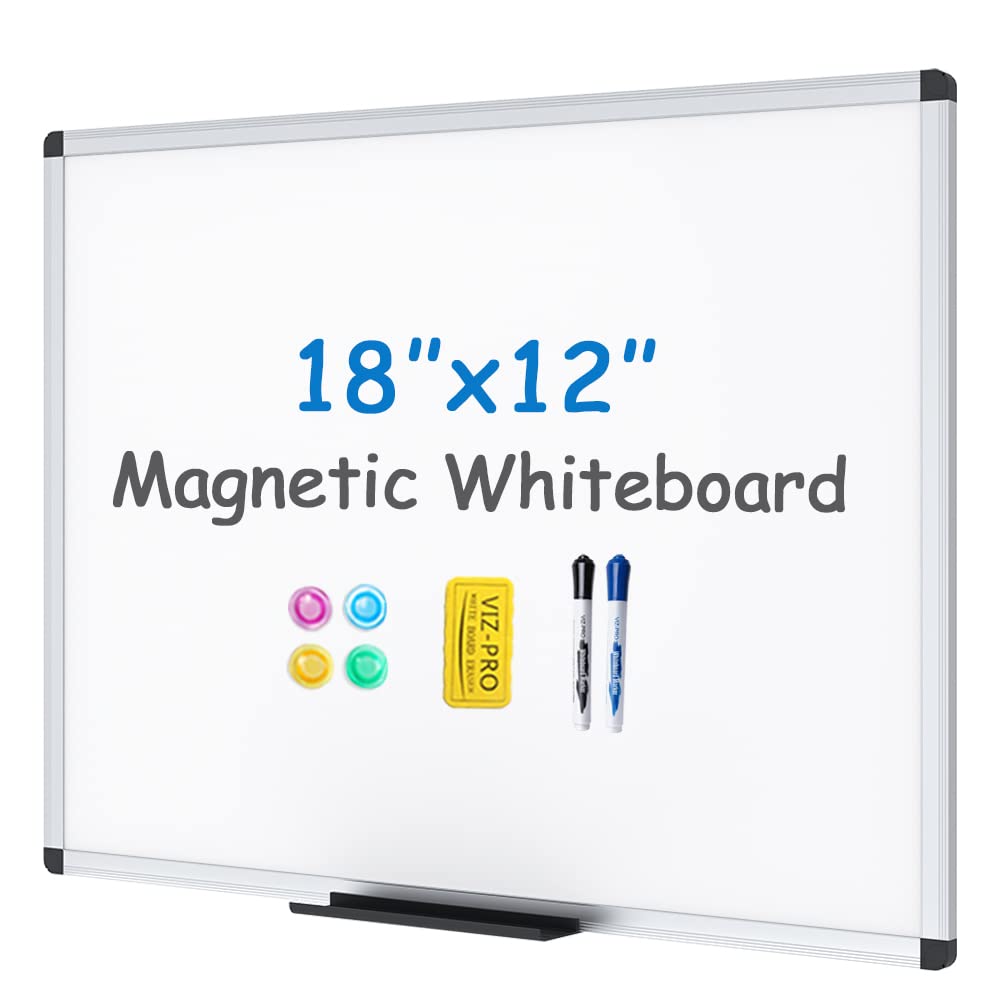 VIZ-PRO Magnetic Whiteboard/Dry Erase Board, 18 X 12 Inches, with 1 Eraser & 4 Magnets & 14 Markers