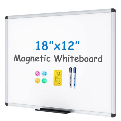 VIZ-PRO Magnetic Whiteboard/Dry Erase Board, 18 X 12 Inches, with 1 Eraser & 4 Magnets & 14 Markers