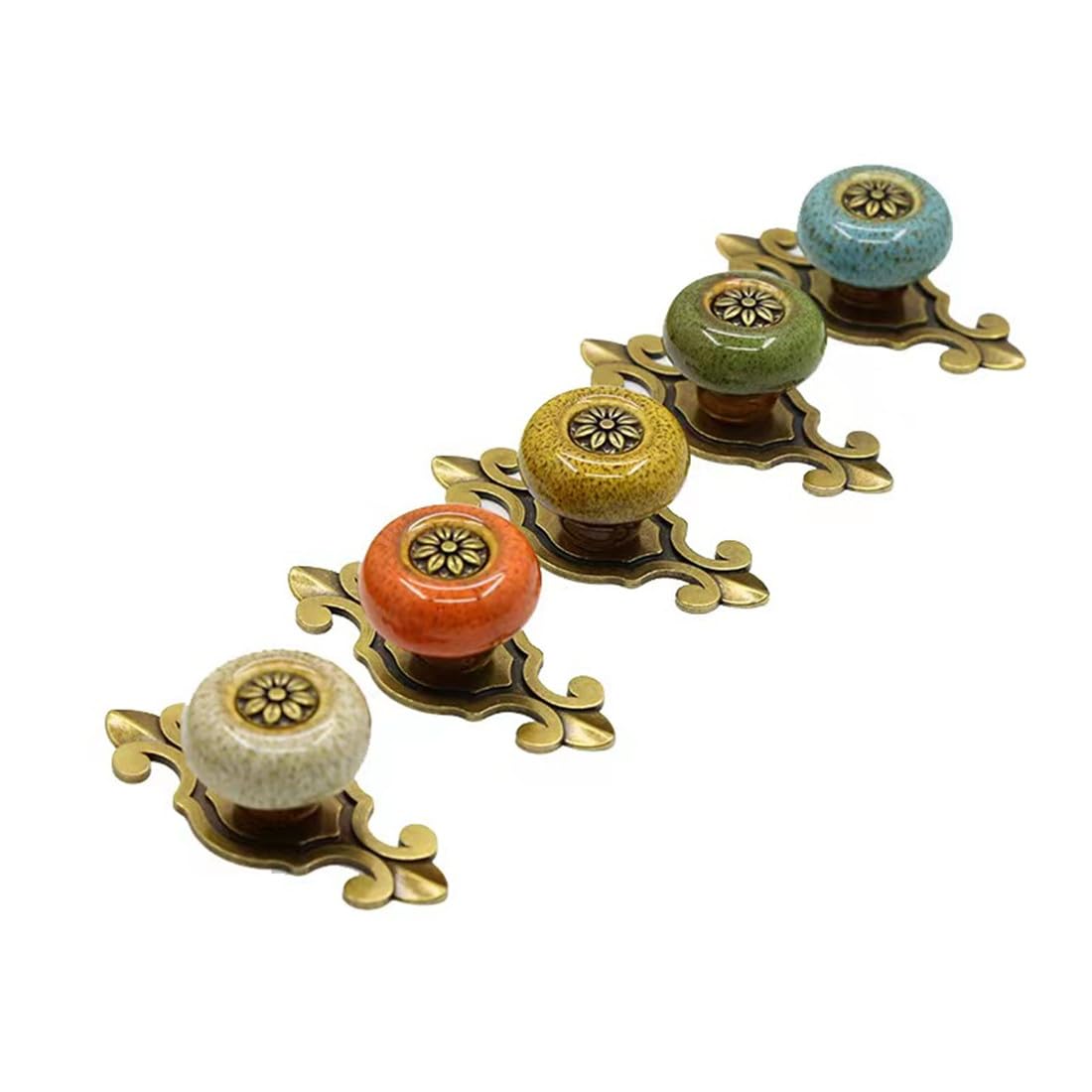 Wannianmu 10 Pack Retro Ceramic Knobs,Vintage Dresser Kitchen Petal Cabinet Pulls Rustic Zinc Alloy Base Back Plate Kid Cupboard Wardrobe Drawer Door Handles (Leopard Print Blue)