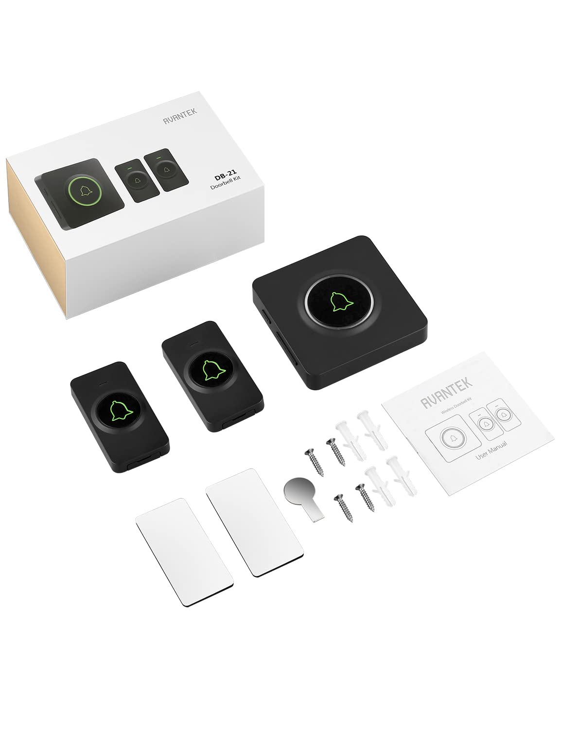 AVANTEK Wireless Doorbell D-3C, 1300 ft Long Range Door Chime Kit, 52 Melodies, Up to 115dB Volume and LED Flash with 2 Plug-In Receivers & 1 Push Button, Black