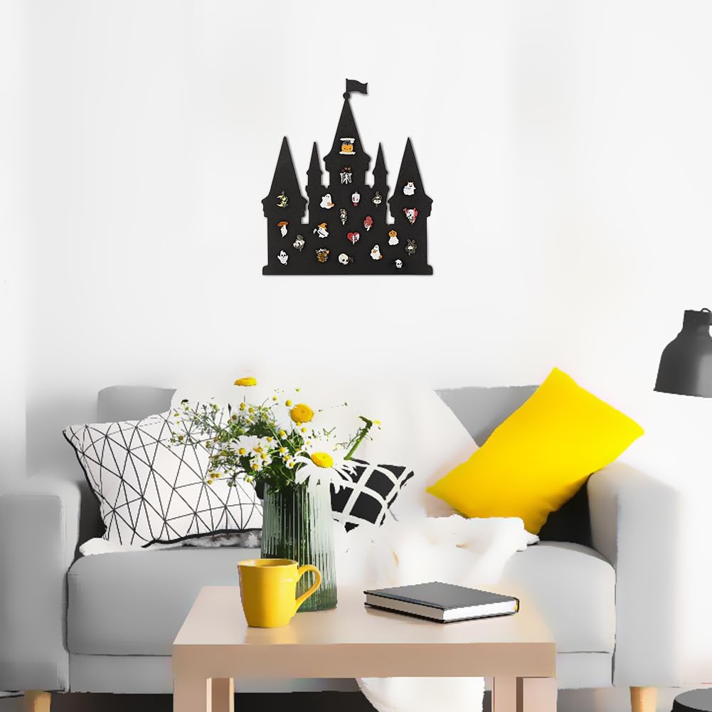 BENECREAT Castle Pin Cork Board, 14.2x11.8Inch Black Bulletin Display Board Wall Mounted Cork Board for Office Home and School Decor, Brooch Pin Collection Display