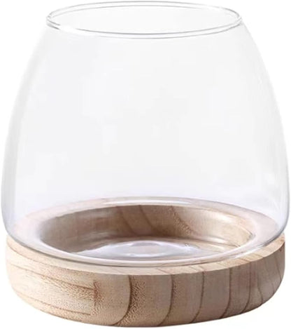 Glass Fish Bowl,with Wooden Base, Small Desktop Fish Bowl Aquarium for Betta Fish Gold Fish, Fish Tank Flower Vase,Hydroponic Plant Terrarium,for Home Decoration (11 x 19.5cm)