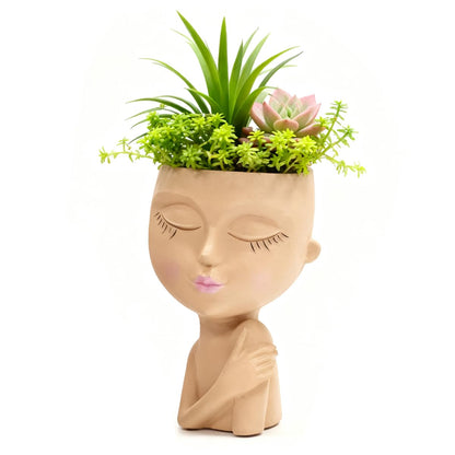 LuckyVin Face/Head Planters, Women Face Small Plant/Flower Pots with Drainage for Indoor Outdoor Succulents (Khaki)