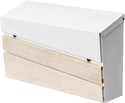 Wall-Mount Mailbox, White Walnut Wood Panel, Rust Resistant Large Capacity House Mailbox, Modern Drop Mailboxes for Outside, Metal Post Box (No Keys Locking)