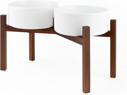 SPUNKYJUNKY Raised Ceramic Dog Bowls Set with Non-Slip Acacia Wood Stand for Large Sized Dog(60.87 OZ, White)