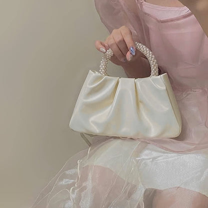 Beatfull Evening Purse Women Small Pearl Handbags Soft Leather Ruched Bag Wedding Bridal Clutch Party Prom Crossbody Purses White