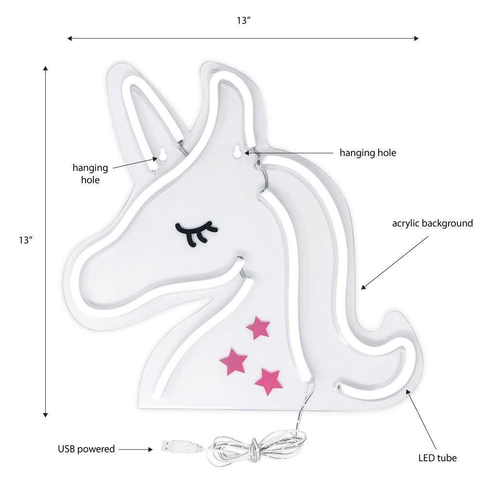 Isaac Jacobs 13" x 13" inch LED Neon Pink and White Unicorn Wall Sign For Cool Light, Wall Art, Bedroom Decorations, Home Accessories, Party, and Holiday Decor: Powered by USB Wire (Unicorn)
